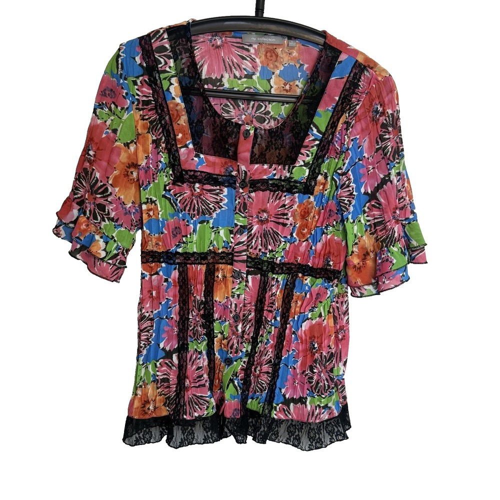 NY Collection Cottagecore Floral Print Button Top Sz L Lace Trim Feminine Dainty